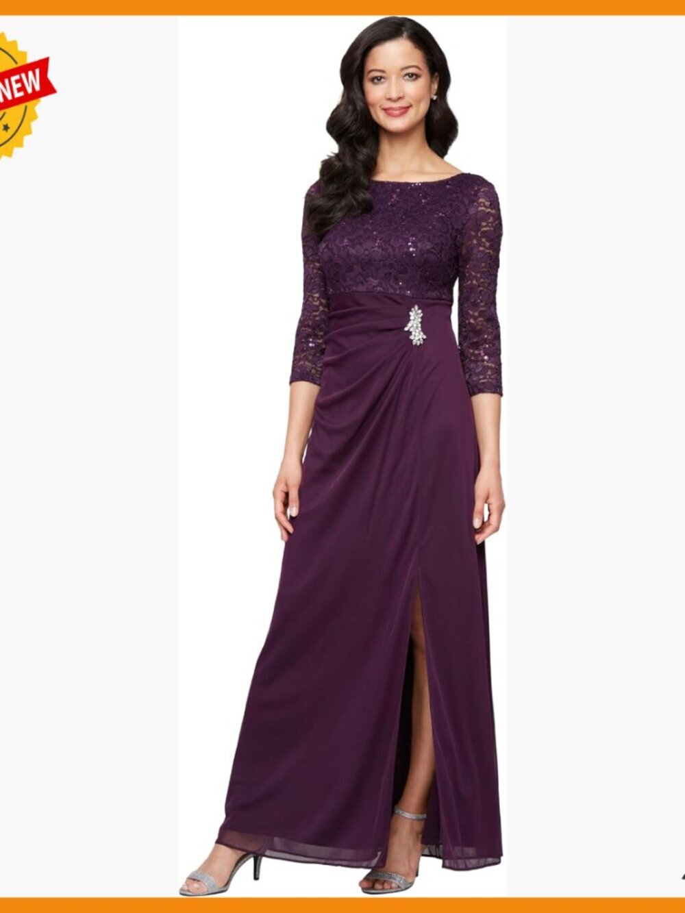 Long Formal Dress with Stretch Lace Bodice and Hip Embellishment